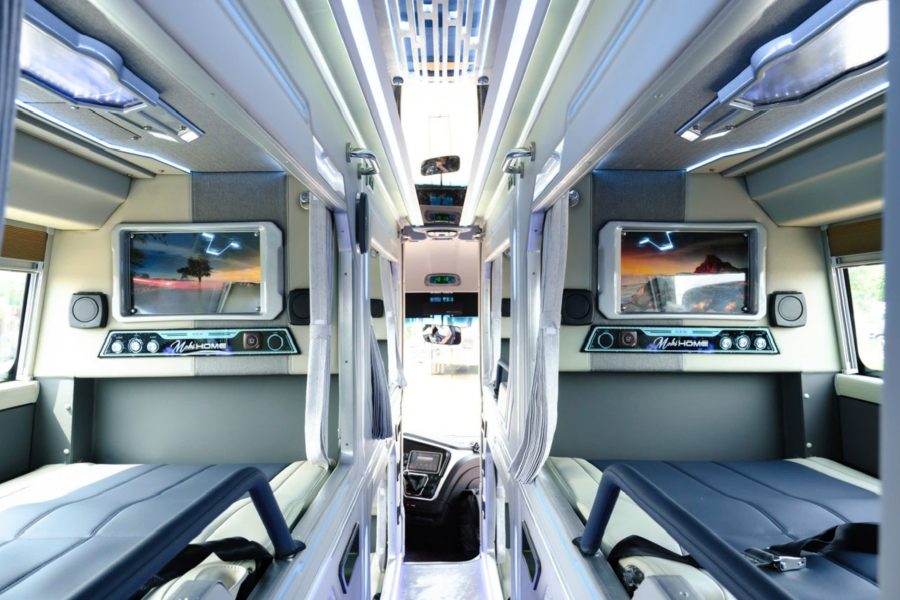 Modern sleeper bus interior for the overnight journey from Cat Ba to Phong Nha by Cat Ba Discovery