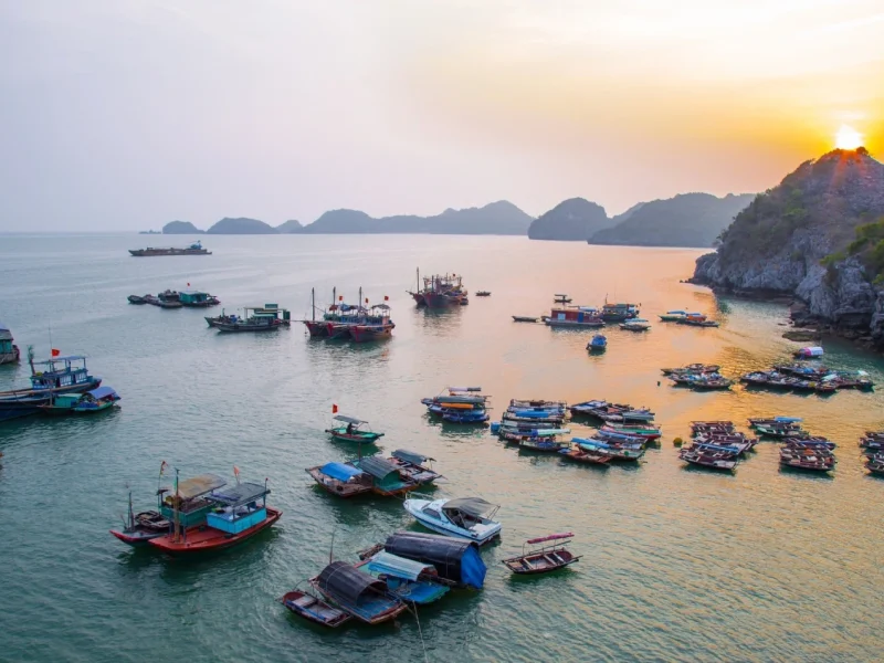 Panoramic view of Cai Beo Fishing Village the oldest ancient fishing village in Vietnam nestled in Lan Ha Bay