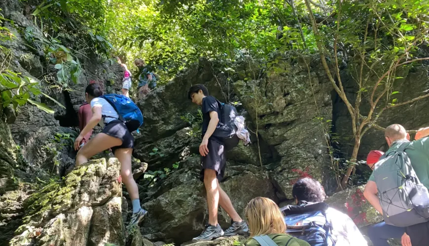 Hikers trekking through the ancient Kim Giao Forest and Frog Pond (Ao Ech) in Cat Ba Biosphere Reserve.