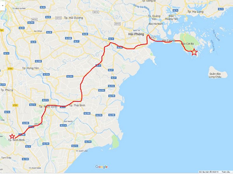 Map showing the travel route and distance from Ninh Binh to Cat Ba Island via Tan Vu - Lach Huyen sea crossing bridge