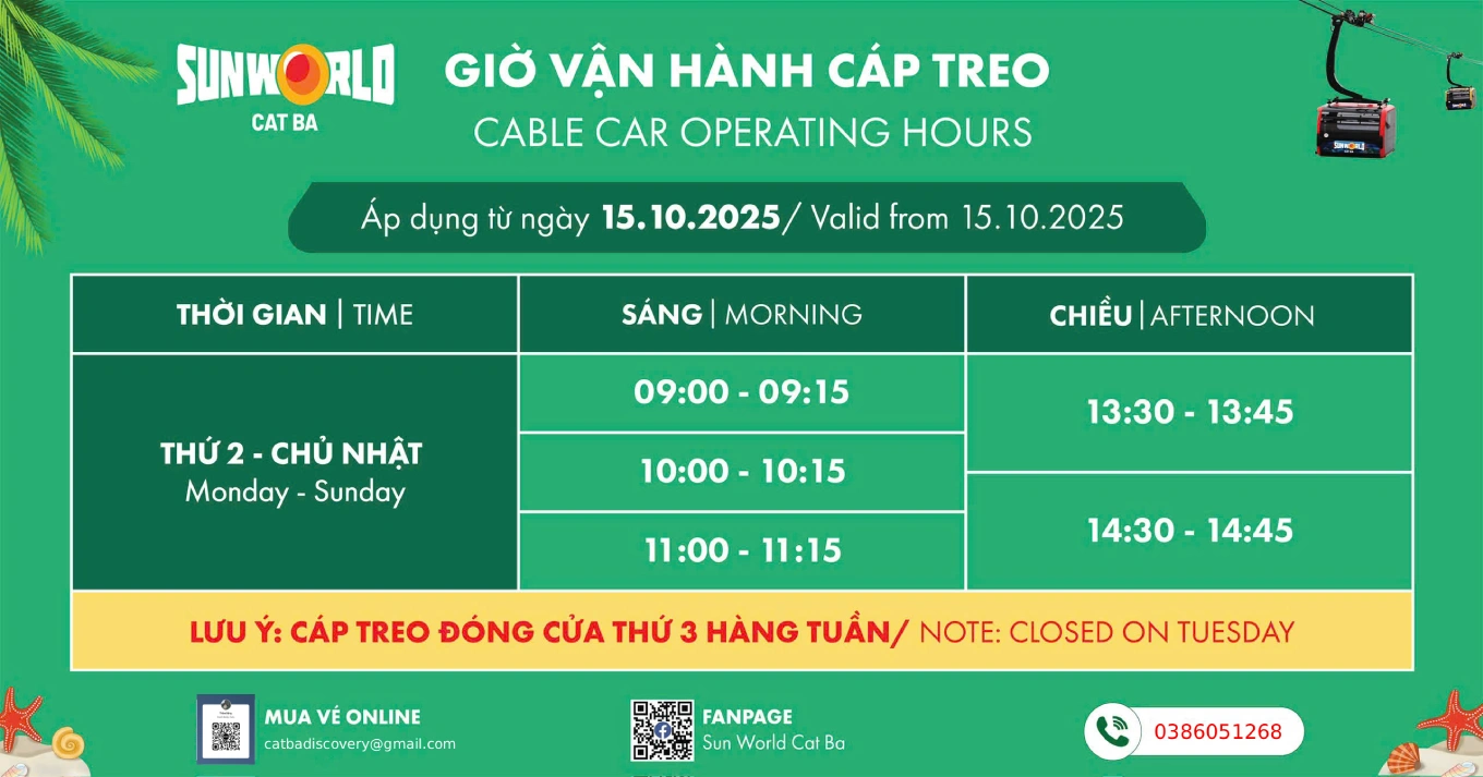 Giờ vận hành cáp treo Sunworld Cát Bà - Cách đi Cát Bà từ Hải Phòng